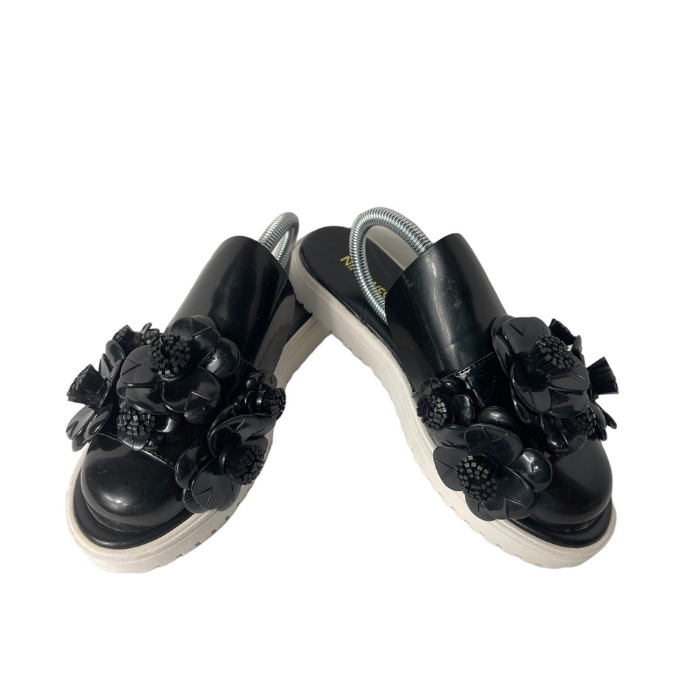 Nine West Relly Slides Sandals Women 6M Shoes Black Open Toe Flower  SlipOn Flat